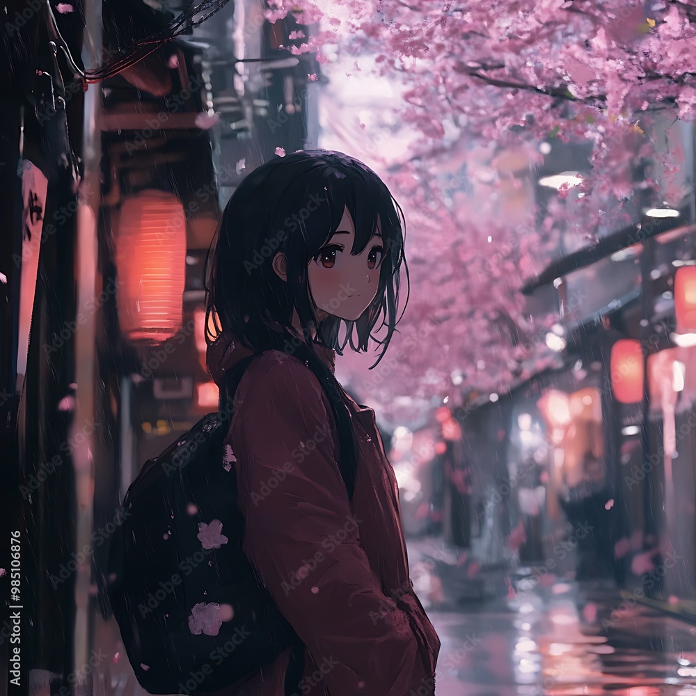 Anime girl walking in a Japanese street with cherry blossoms Anime girl walking in a Japanese street with cherry blossoms