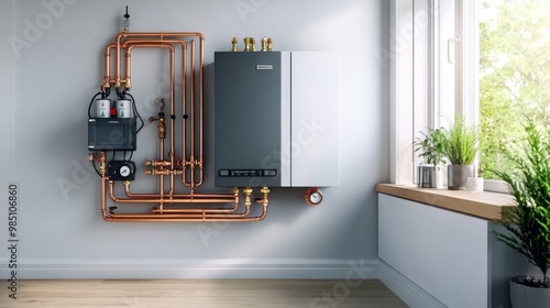 Installed in a basement, this tankless water heater is connected to copper pipes and mounted on the wall of a clean, organized utility room. photo