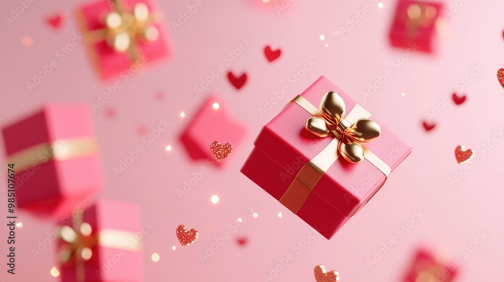 Pink gift boxes with golden bows and hearts floating on a pink background. Pink gift boxes with golden bows and hearts floating on a pink background.