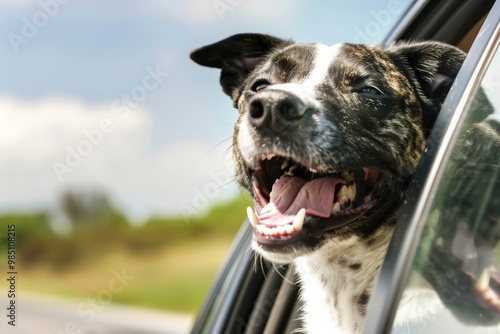 A dog is sitting in a car window with its mouth open and teeth showing, generative ai