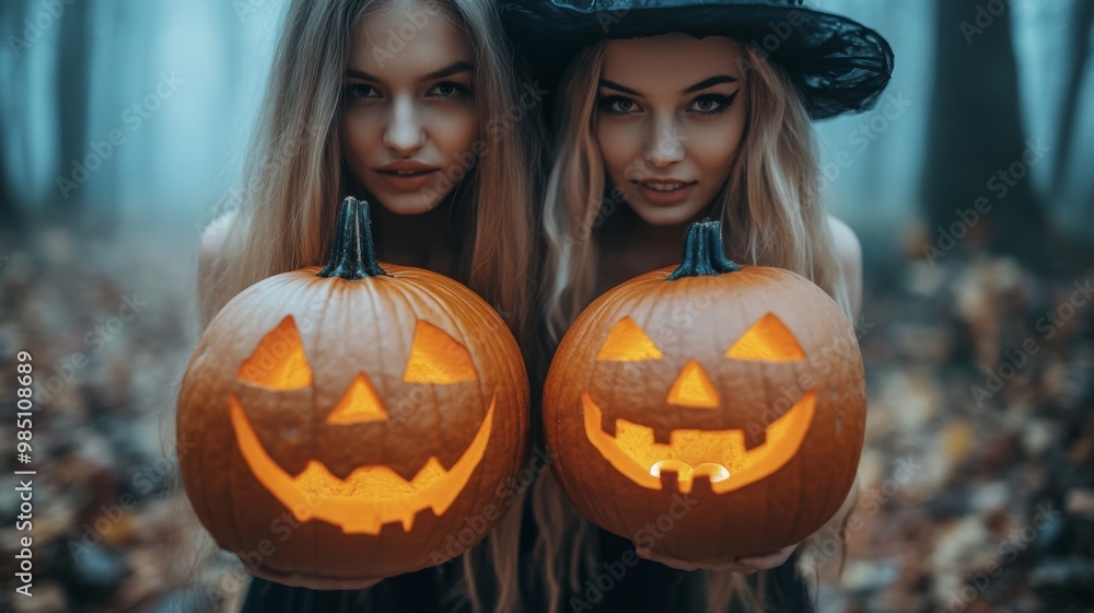 Spooky Halloween Pumpkins with Glowing Faces and Witch Hats Spooky Halloween Pumpkins with Glowing Faces and Witch Hats