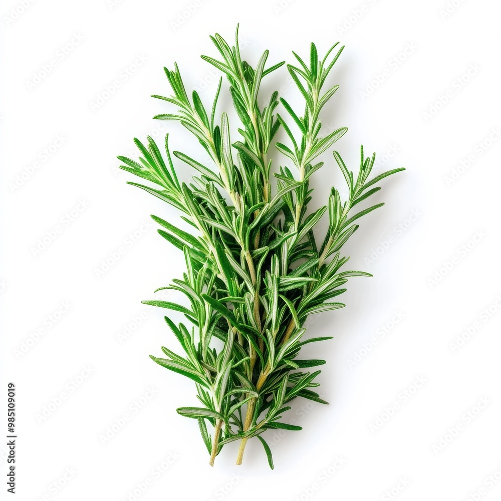 Fototapeta premium Single rosemary sprig displayed against a white background.