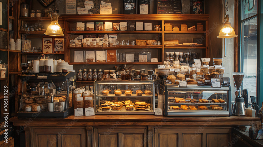 A cozy coffee shop with a variety of coffee drinks and pastries displayed in a warm, inviting environment. A cozy coffee shop with a variety of coffee drinks and pastries displayed in a warm, inviting environment.
