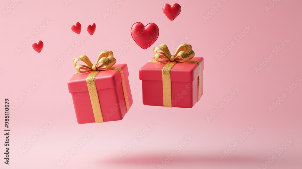 Two red gift boxes with golden bows and hearts floating on a pink background. Two red gift boxes with golden bows and hearts floating on a pink background.