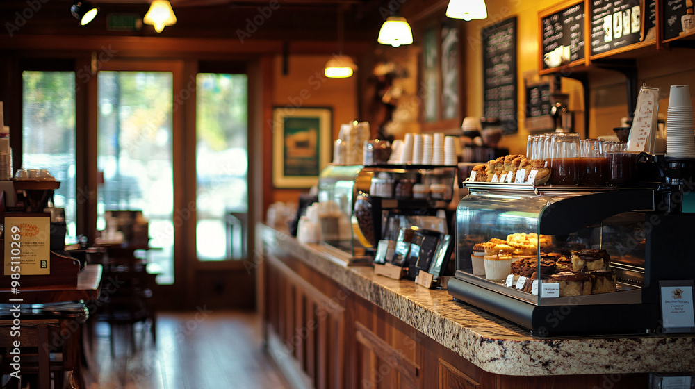 A cozy coffee shop with a variety of coffee drinks and pastries displayed in a warm, inviting environment. A cozy coffee shop with a variety of coffee drinks and pastries displayed in a warm, inviting environment.