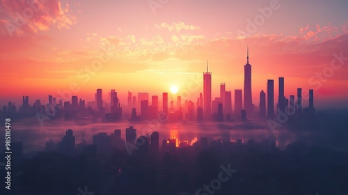 Fototapeta Naklejka Na Ścianę i Meble -  Colorful sunset skyline with silhouetted towers in city stunning wallpaper