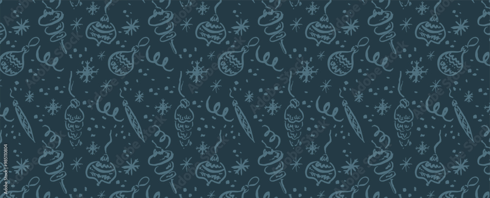 New Year, snow frost pattern with snowflake and Christmas tree toys. Vector seamless winter festive background. For cards, banners, wrapping paper. New Year, snow frost pattern with snowflake and Christmas tree toys. Vector seamless winter festive background. For cards, banners, wrapping paper.