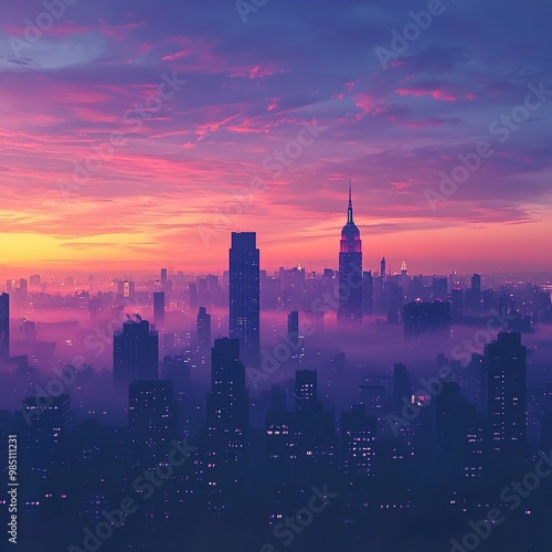 Vibrant city sunset casting colorful hues over silhouette skyline towers wallpaper