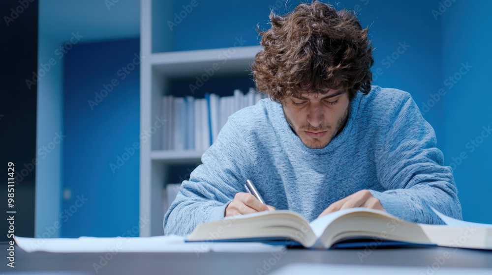 A man in blue sweater writing on a book with pen, AI A man in blue sweater writing on a book with pen, AI