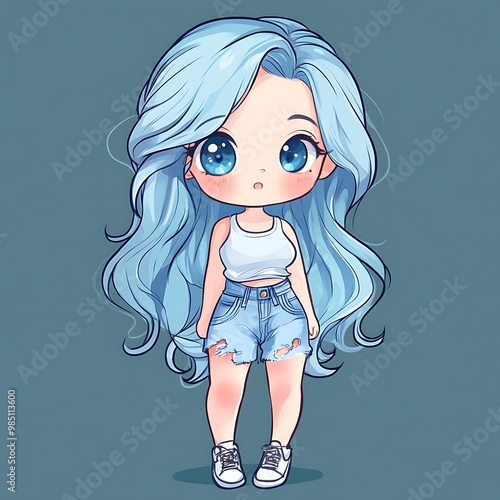 Cute blue haired anime girl chibi character illustration photo