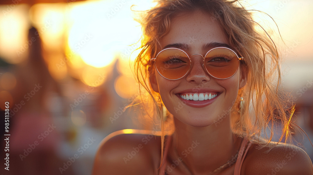Woman in sunglasses smiles brightly at sunset. Woman in sunglasses smiles brightly at sunset.
