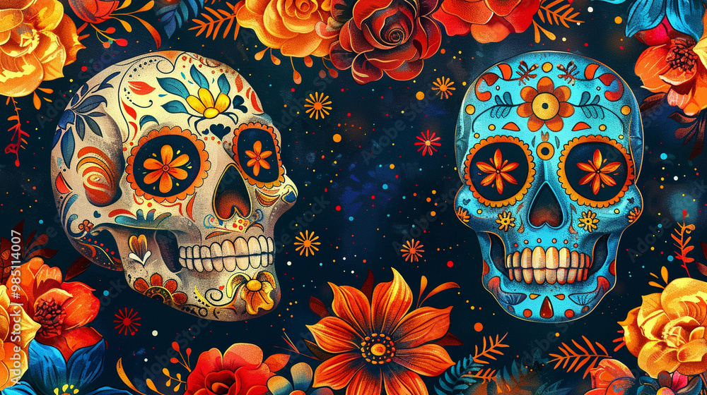 Festive Dia De Muertos pattern background with flowers Festive Dia De Muertos pattern background with flowers