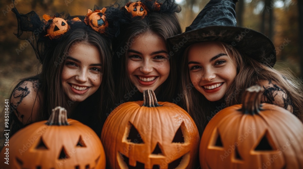 Fototapeta premium Happy Halloween: Group of Smiling Girls and Pumpkins in Witch Costumes