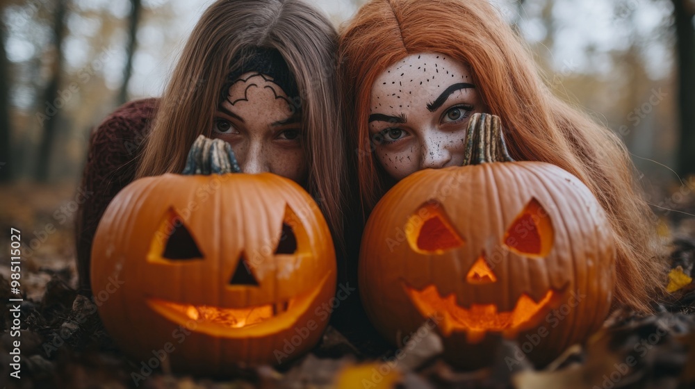 Happy Halloween: Group of Smiling Girls and Pumpkins in Witch Costumes Happy Halloween: Group of Smiling Girls and Pumpkins in Witch Costumes