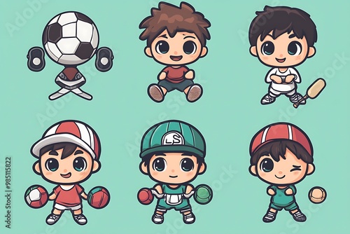 Cute Cartoon Boys Playing Different Sports, Set of 6