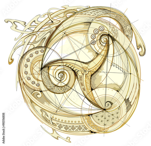 Ancient Celtic geometric drawing. Old triskelion vintage. Triple trickle spiral ornament with Celtic knot pattern. Ethnic magic sign. Print for logo, icon, coin, tattoo. Hand drawn vector illustration