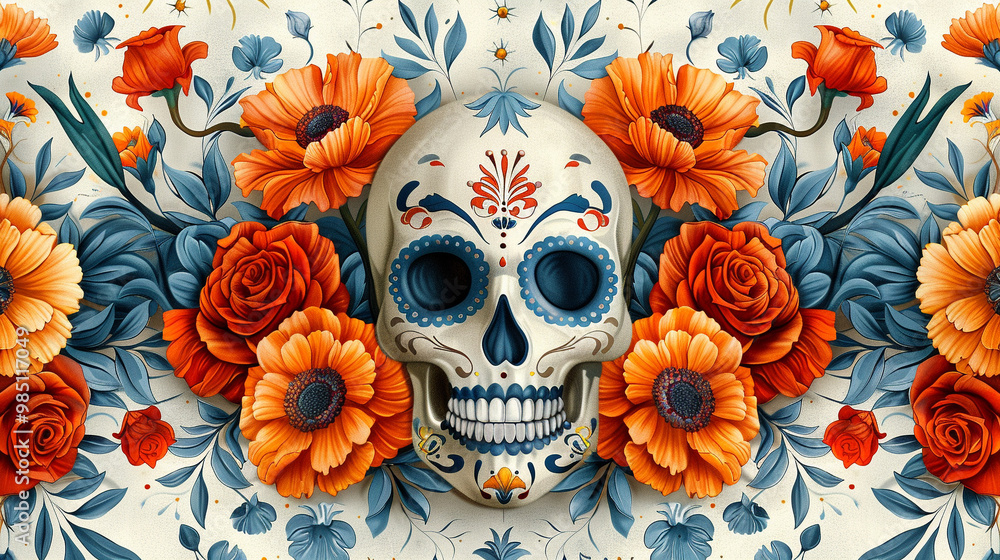 Festive Dia De Muertos pattern background with flowers Festive Dia De Muertos pattern background with flowers