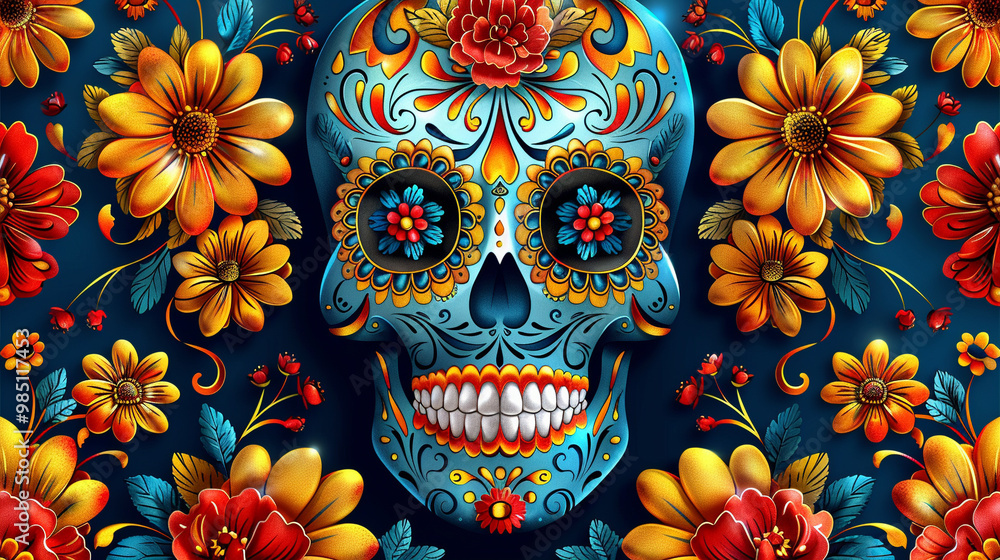 Festive Dia De Muertos pattern background with flowers Festive Dia De Muertos pattern background with flowers
