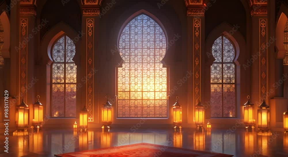 lit Mosque Interior with Ornate Windows and Lanterns lit Mosque Interior with Ornate Windows and Lanterns