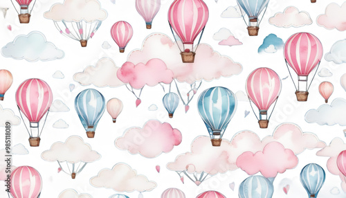 watercolor drawn balloons pattern clouds boy hot room air pink design illustration hand wallpaper girl pastel baby blue children delicate seamless background colors balloon hot air wallpaper