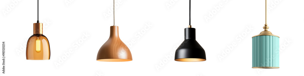 Fototapeta premium Four modern pendant lights, artistic design, white isolate background. transparent background