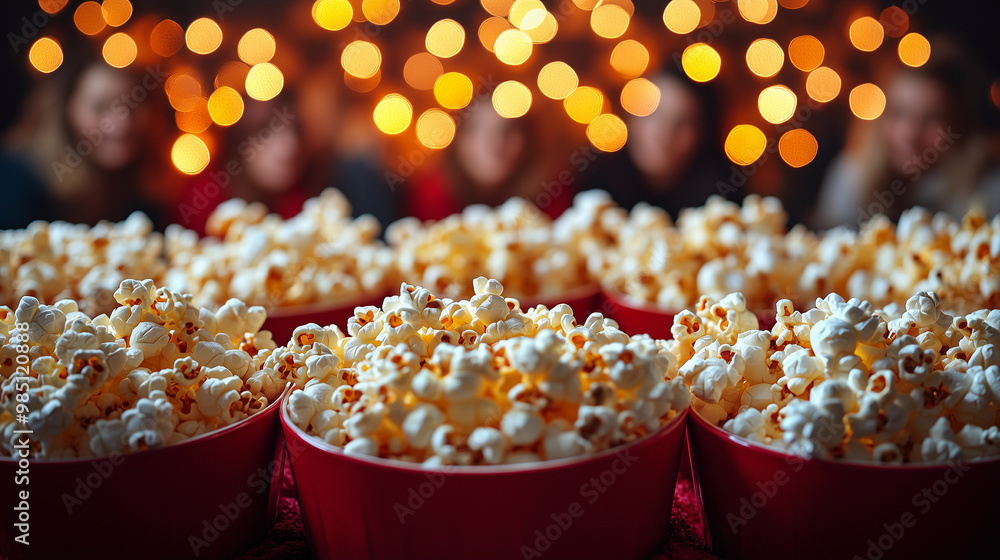 red bowls popcorn with warm lightsa adorns for watching movies and TV shows, decorated for christmas for family entertainment red bowls popcorn with warm lightsa adorns for watching movies and TV shows, decorated for christmas for family entertainment