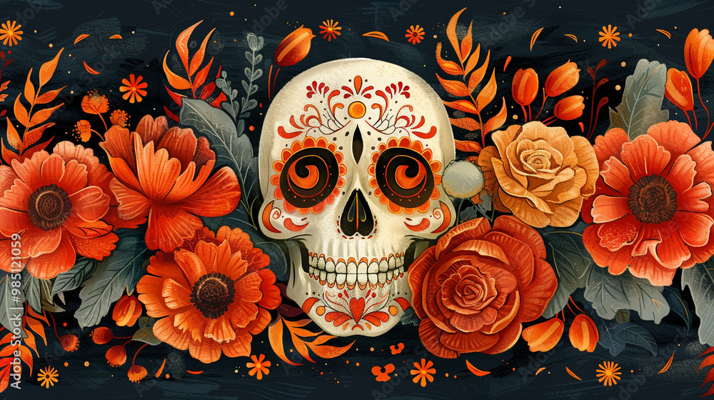 Festive Dia De Muertos pattern background with flowers Festive Dia De Muertos pattern background with flowers