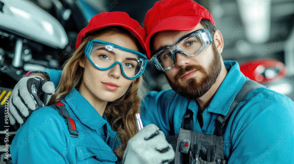 A man and woman in blue safety gear posing for a picture, AI A man and woman in blue safety gear posing for a picture, AI