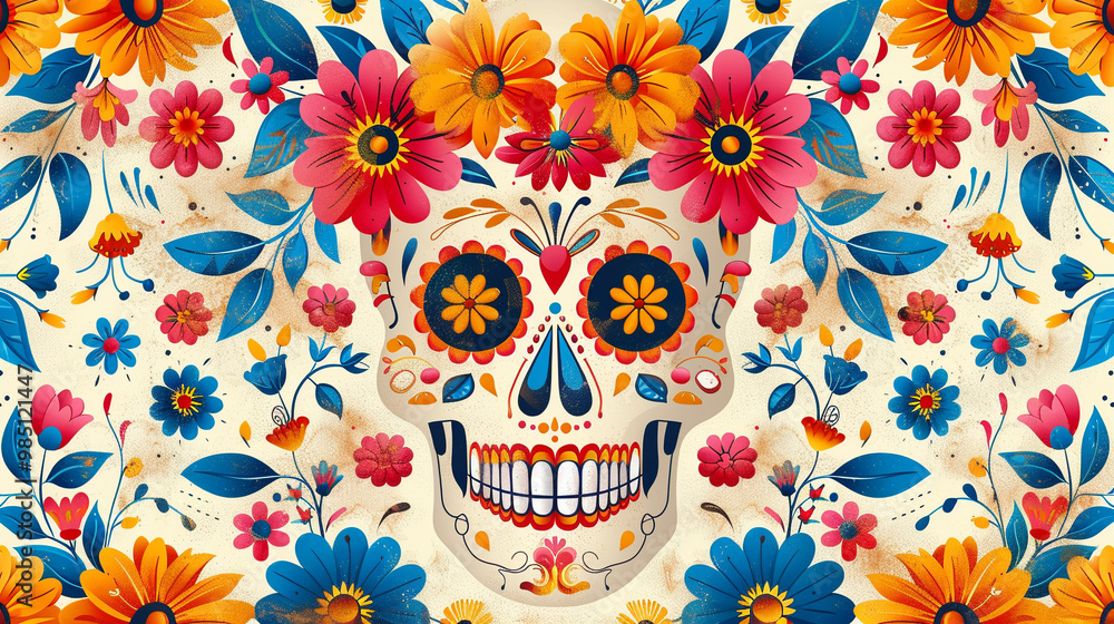 Festive Dia De Muertos pattern background with flowers Festive Dia De Muertos pattern background with flowers