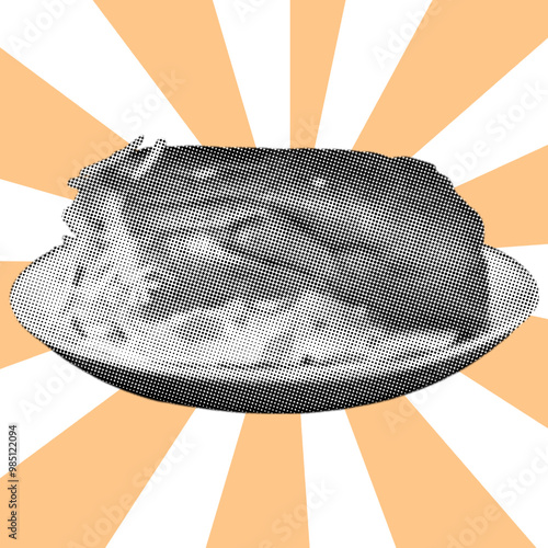 Close up of cheese bread on plate pixelate color halftone dotted texture style collage element isolated with sunburst background