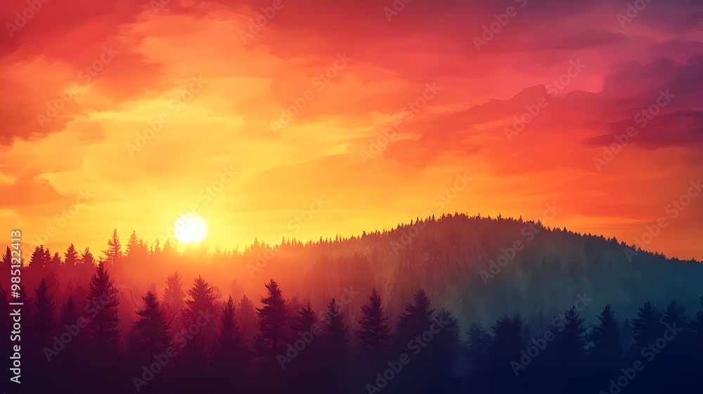 Fototapeta premium Vibrant sunset lighting up hills in wallpaper image