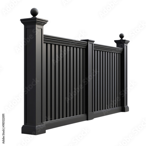 Black wooden gate with decorative posts on a white isolated background. transparent background