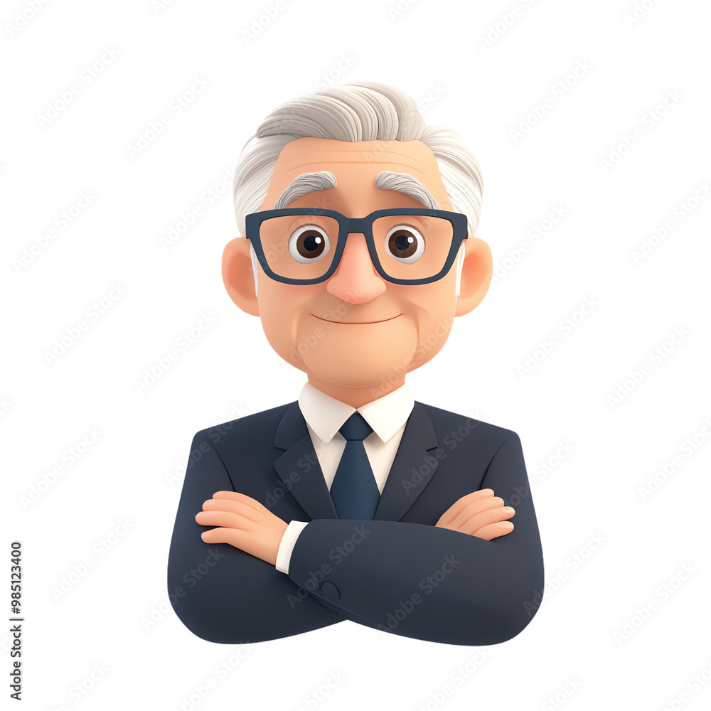 Friendly elderly man in a suit with glasses, arms crossed, smiling confidently. transparent background Friendly elderly man in a suit with glasses, arms crossed, smiling confidently. transparent background