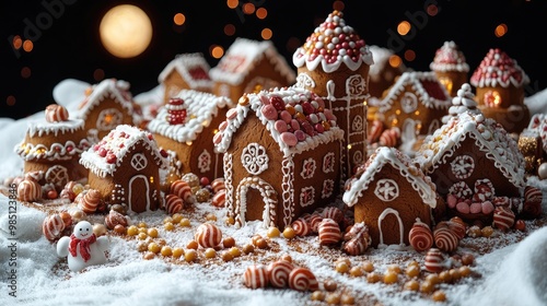 A village of intricately detailed gingerbread houses covered in frosting and candy, set against a snow-covered landscape with twinkling lights, snowmen, and a glowing full moon in the background., ult photo