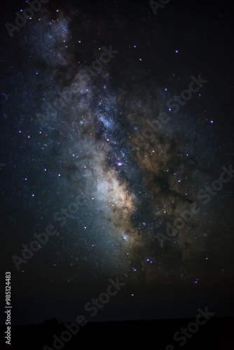 Dark night sky with Milky Way shining bright. Glowing galaxy illuminates the vast space. Stars twinkle in the universe. Aesthetic view of cosmic night scene.