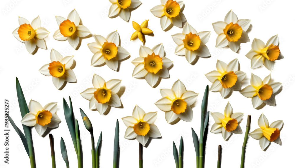 daffodils white daffodil daffodil easter spring flower flower nature white background green yellow stem leaf leaf stem isolated celebrate celebration holiday narcissus springtime blossom bloom
