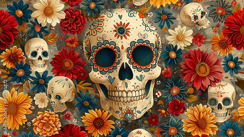 Festive Dia De Muertos pattern background with flowers Festive Dia De Muertos pattern background with flowers