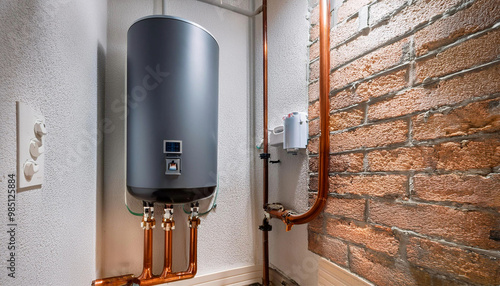 , modern tankless water heater installed in a basement, the unit is connected to copper pipes and is mounted on a wall in a clean, organized utility room. Tsleek design and functionality photo