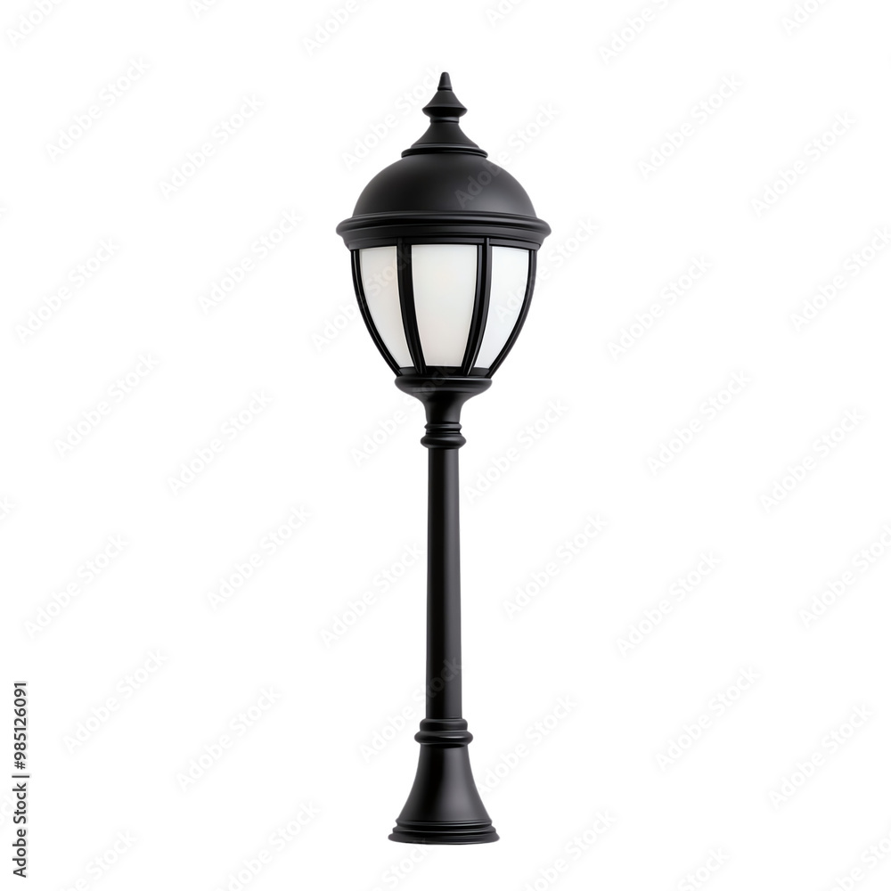 Elegant black lamp post with a glass shade, white isolate background. transparent background Elegant black lamp post with a glass shade, white isolate background. transparent background