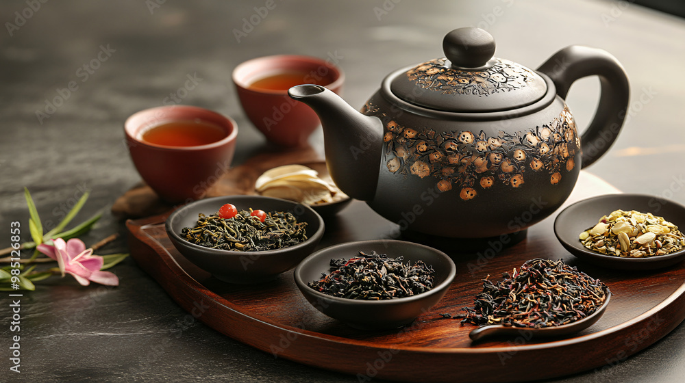 A contemporary tea arrangement with a stylish teapot, a variety of tea types, and modern tea accessories. A contemporary tea arrangement with a stylish teapot, a variety of tea types, and modern tea accessories.