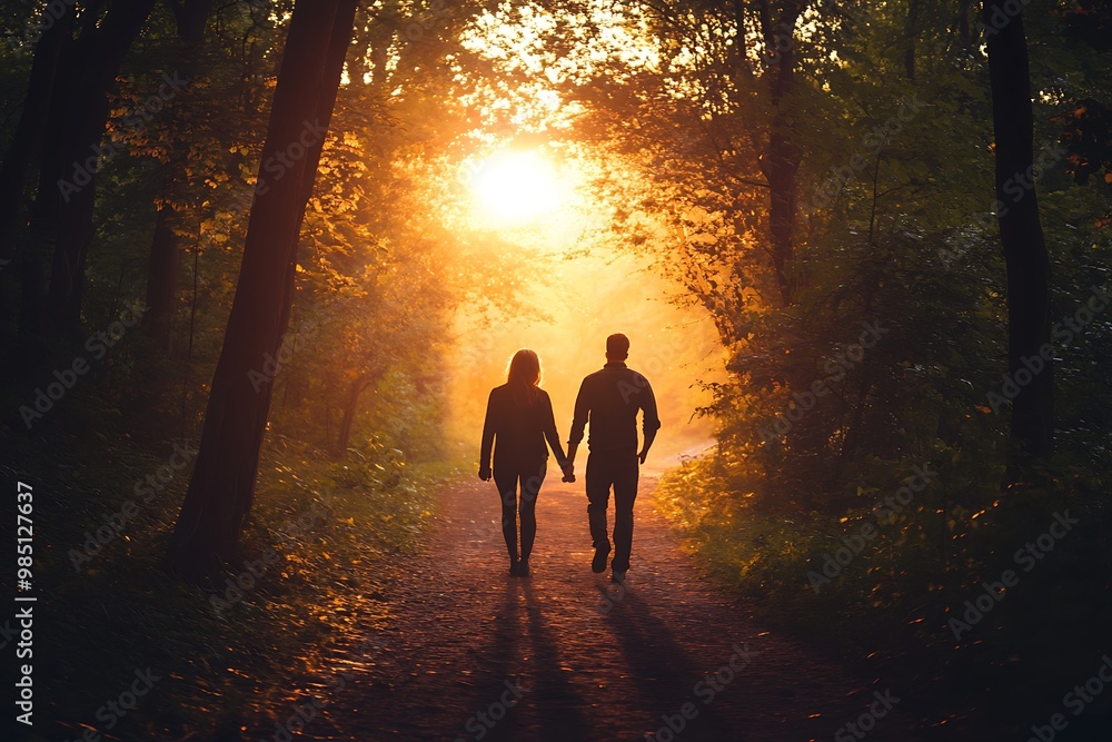 Fototapeta premium Silhouette of couple walking hand in hand on a forest path at sunset. Romantic relationship, love, nature, adventure