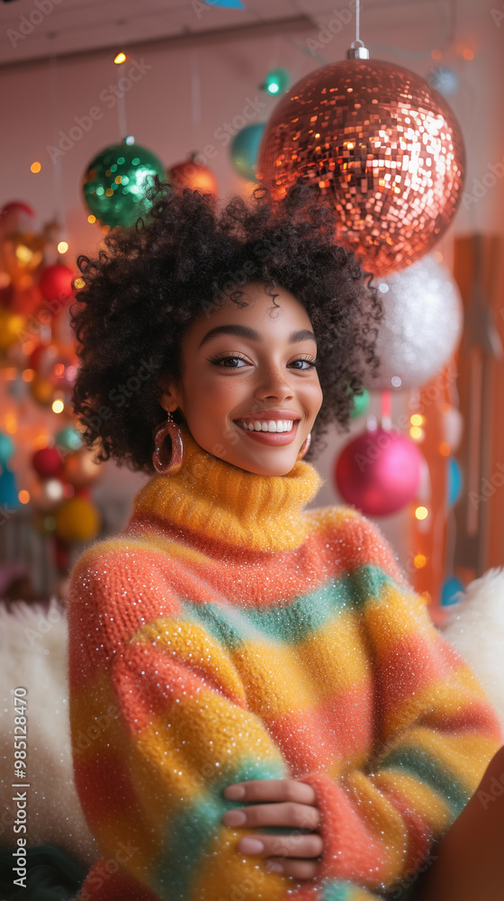 young woman in an orange outfit at a disco party on christmas night, featuring music and fun for new year's