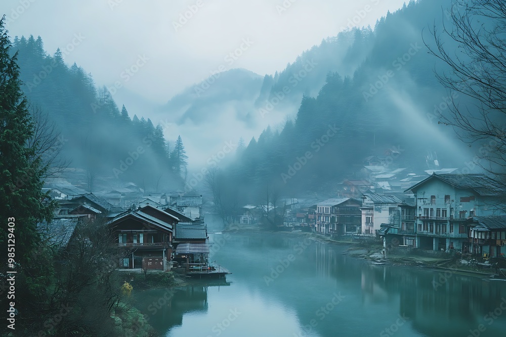 Fototapeta premium Misty Mountain Village with River and Foggy Landscape