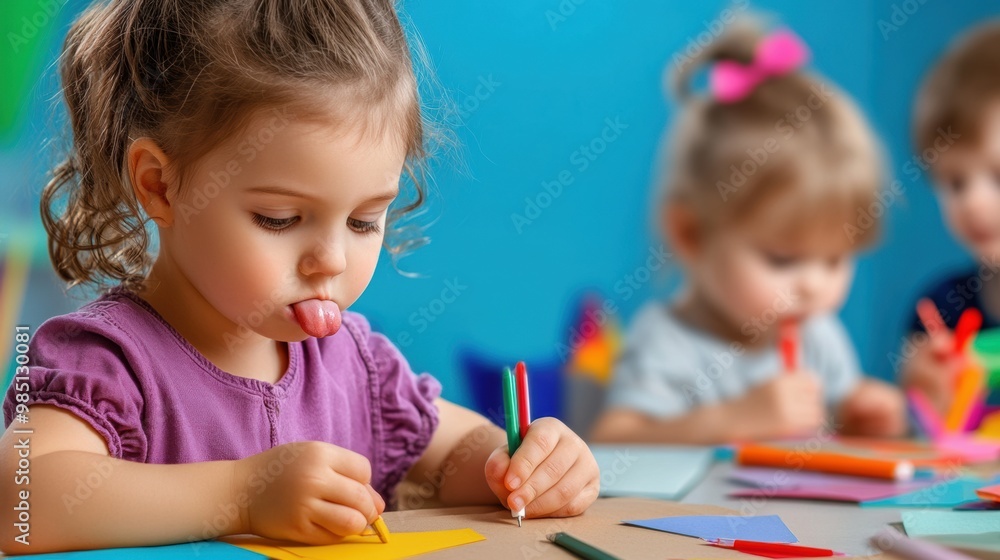 A group of children are sitting at a table making crafts, AI A group of children are sitting at a table making crafts, AI