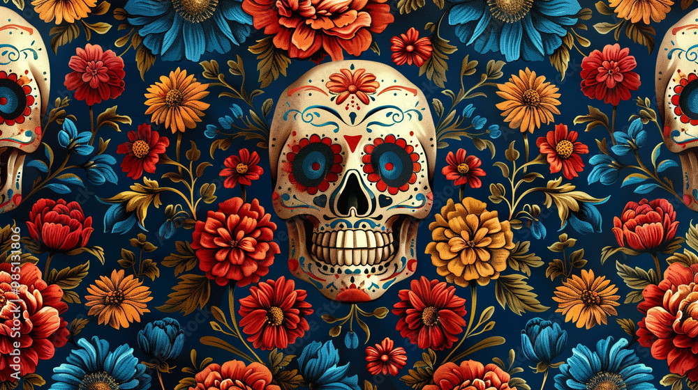 Festive Dia De Muertos pattern background with flowers Festive Dia De Muertos pattern background with flowers