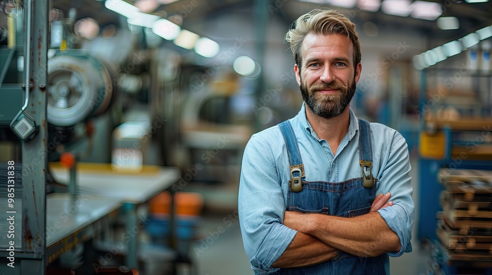 Confident Male Carpenter Standing with Arms Crossed in Workshop, Wearing Denim Overalls, Smiling Confident Male Carpenter Standing with Arms Crossed in Workshop, Wearing Denim Overalls, Smiling