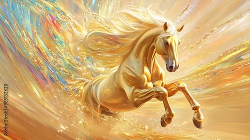 A stunning golden horse galloping, with elegant mane and detailed features, set against a vibrant background of colorful jewelry rays
