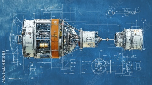 Fototapeta Naklejka Na Ścianę i Meble -  Detailed technical drawing of a spacecraft on a blueprint background.