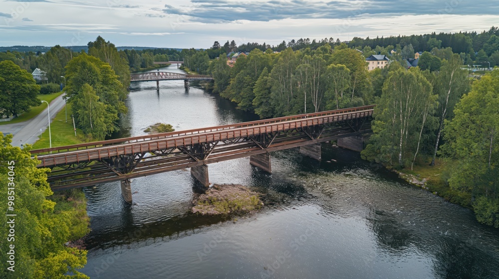 Aerial photo of wooden bridge over Skellefte River in Sweden. Bridge spans across waterway surrounded by rich green trees and forest landscape. Cloudy gloomy weather creates dramatic atmosphere. Aerial photo of wooden bridge over Skellefte River in Sweden. Bridge spans across waterway surrounded by rich green trees and forest landscape. Cloudy gloomy weather creates dramatic atmosphere.