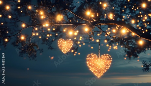 Ethereal hearts drifting amid sparkling lights and silhouetted branches, crafting a romantic magical ambiance beneath a dusky sky photo